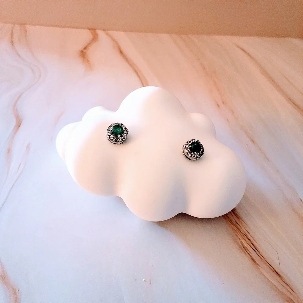 Emerald & White Topaz Sterling Silver Halo Stud Earrings